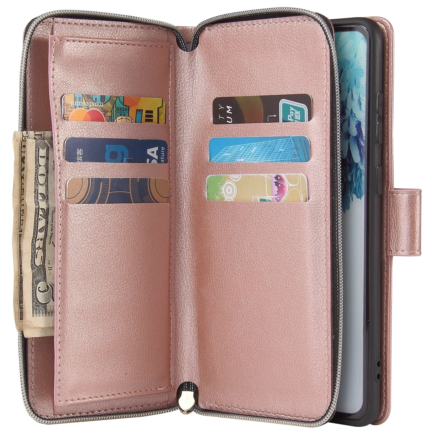 For Samsung S10/S20/S10E/ S10 Plus Pu Leather  Mobile Phone Cover Zipper Card Bag   Wrist Strap Rose gold