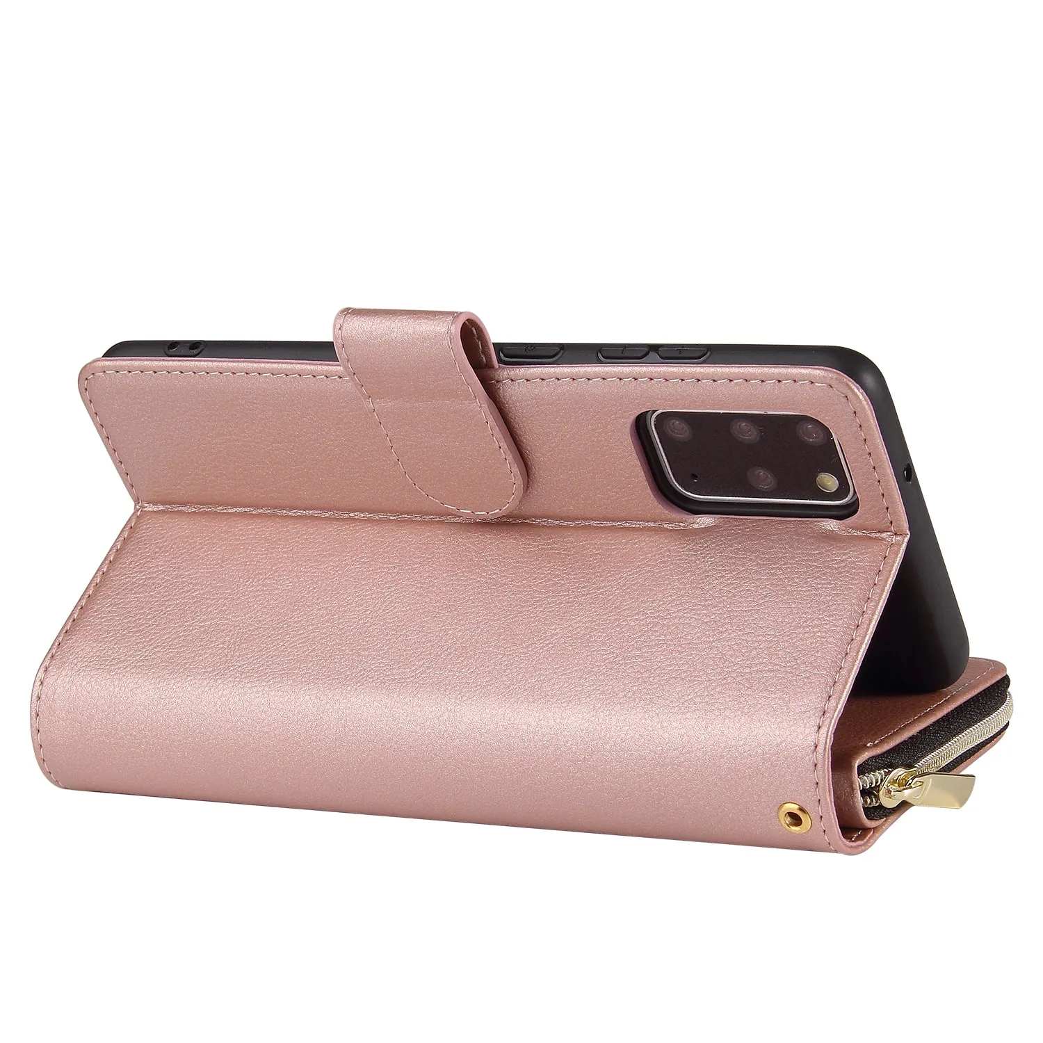For Samsung S10/S20/S10E/ S10 Plus Pu Leather  Mobile Phone Cover Zipper Card Bag   Wrist Strap Rose gold