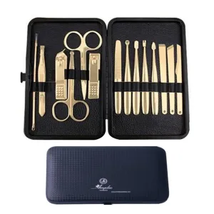 Golden Plated Mens Manicure Pedicure Kit - 14 piece Grooming Kit with travel Case