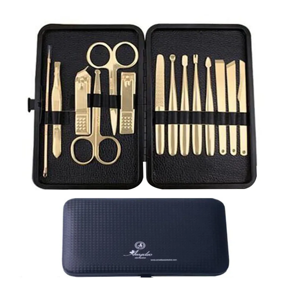 Golden Plated Mens Manicure Pedicure Kit - 14 piece Grooming Kit with travel Case