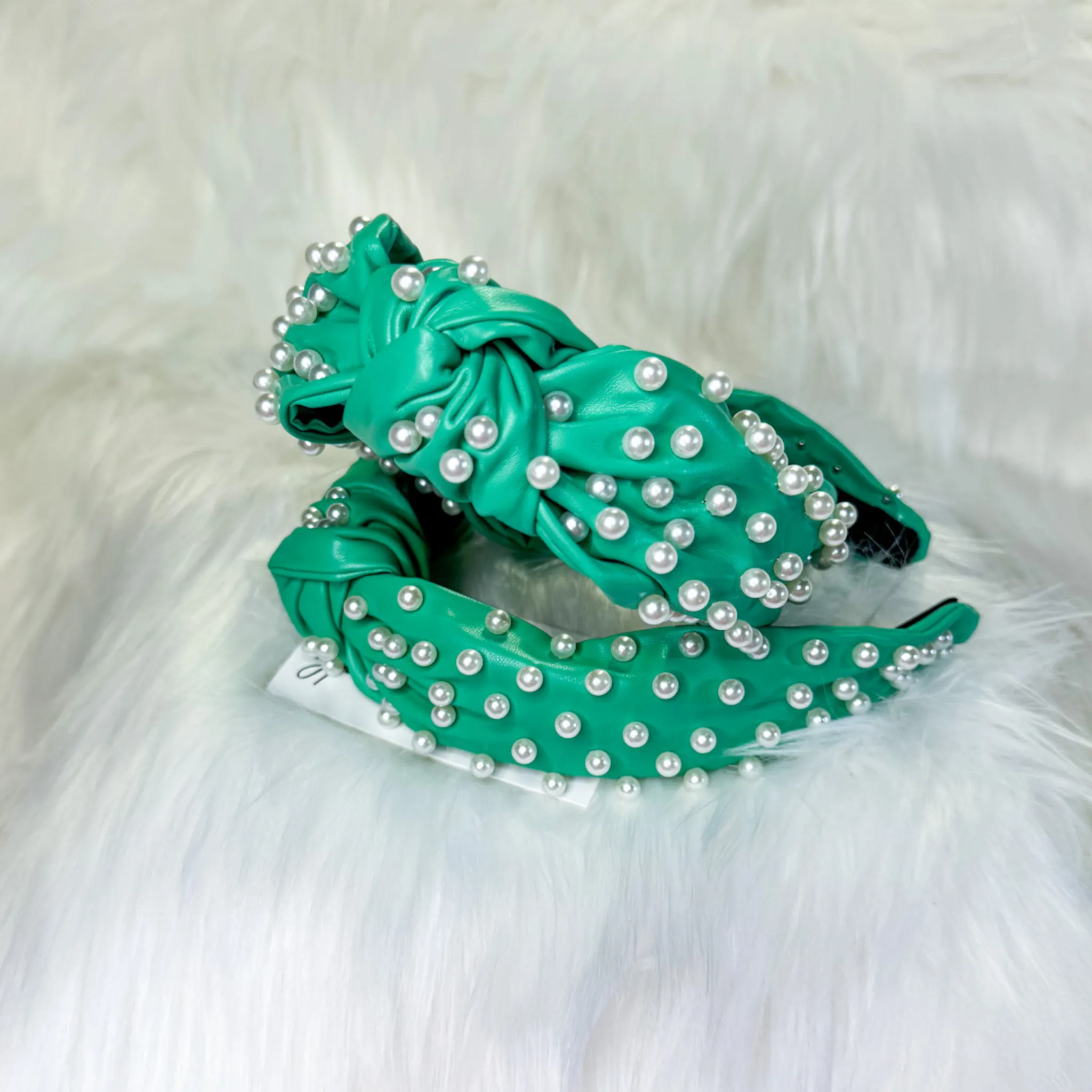 Green Faux Leather Pearl Headband