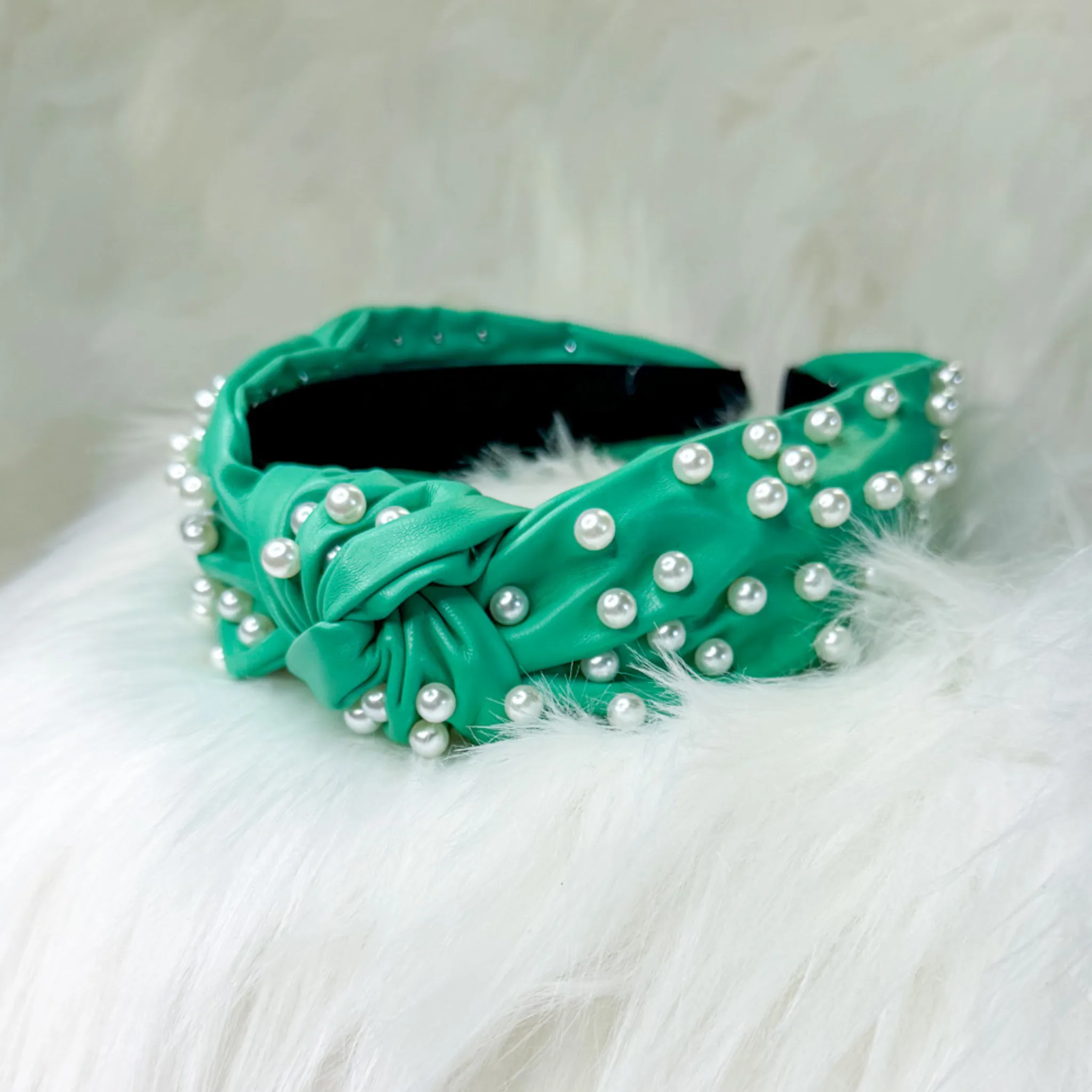 Green Faux Leather Pearl Headband