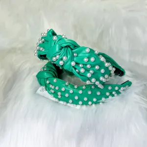Green Faux Leather Pearl Headband