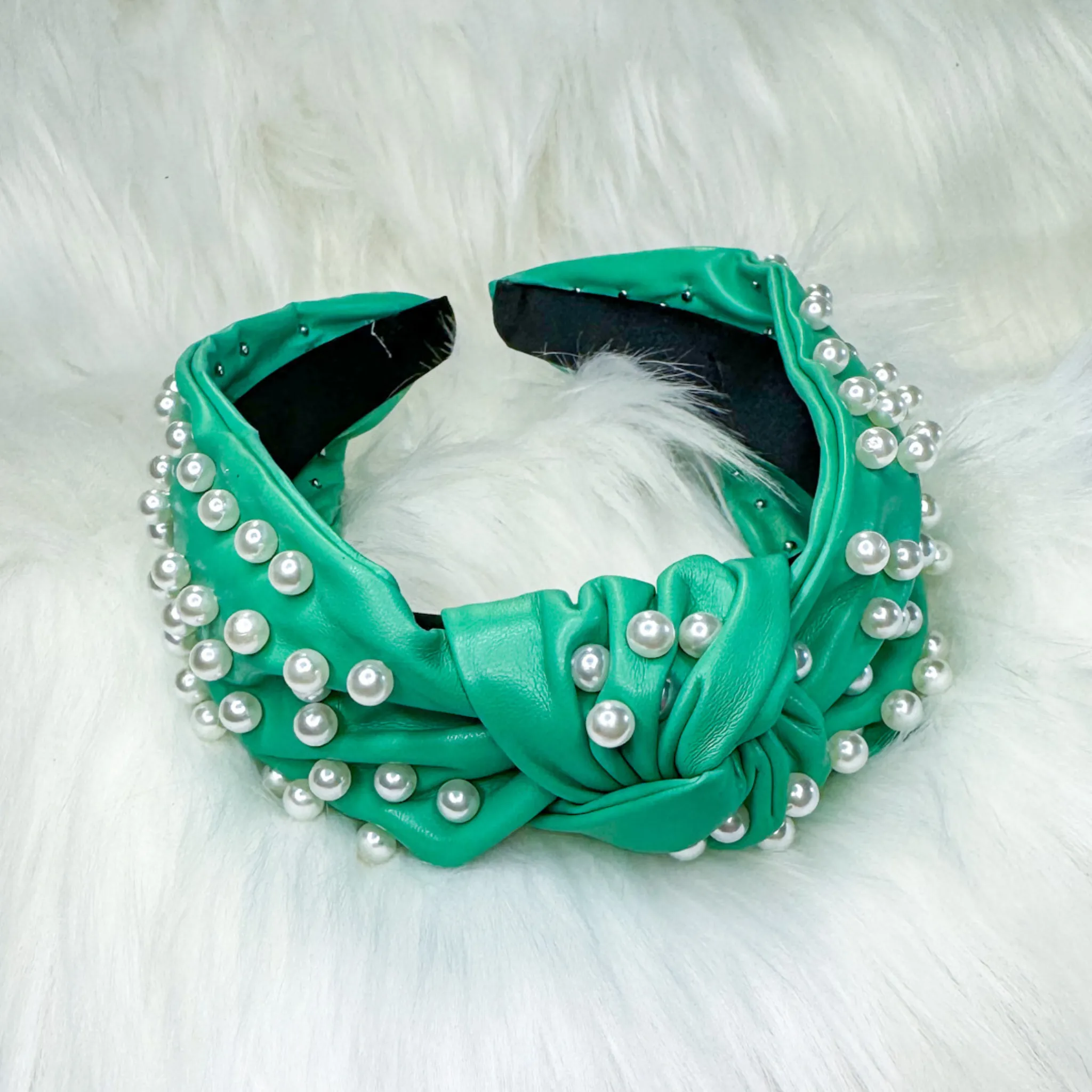 Green Faux Leather Pearl Headband
