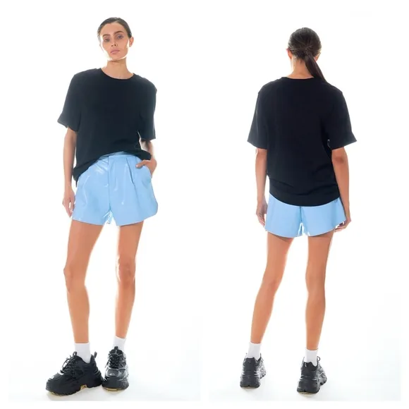 GREY LAB High Waist Shiny Faux Leather Shorts in Powder Blue Medium