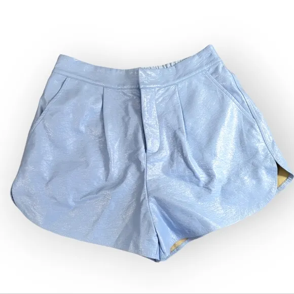 GREY LAB High Waist Shiny Faux Leather Shorts in Powder Blue Medium