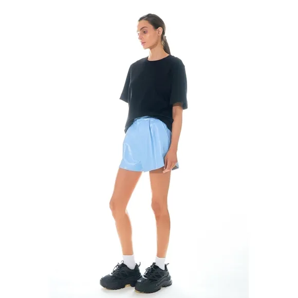 GREY LAB High Waist Shiny Faux Leather Shorts in Powder Blue Medium