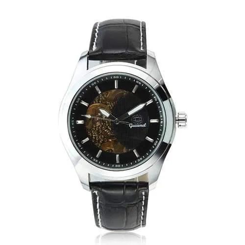 Gucamel CT02 Skeleton PU Leather Band Mechanical Men Watch