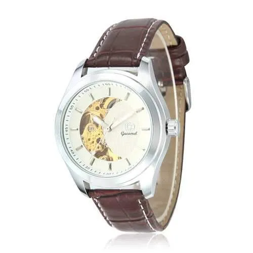 Gucamel CT02 Skeleton PU Leather Band Mechanical Men Watch