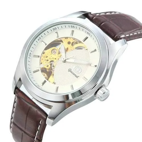 Gucamel CT02 Skeleton PU Leather Band Mechanical Men Watch