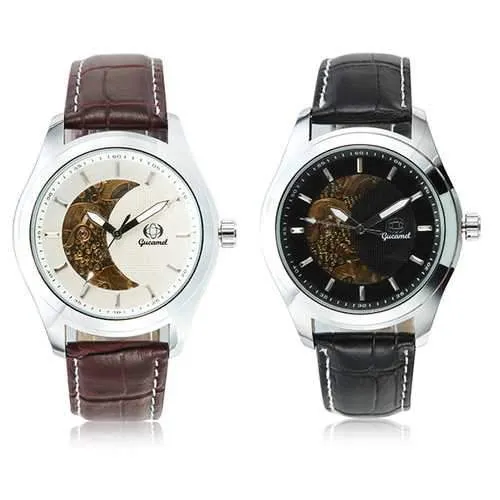 Gucamel CT02 Skeleton PU Leather Band Mechanical Men Watch