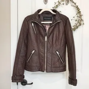 GUESS Vegan Leather Moto Jacket Wine/Burgundy Size M, EUC