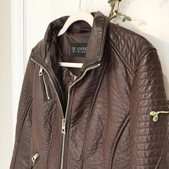 GUESS Vegan Leather Moto Jacket Wine/Burgundy Size M, EUC