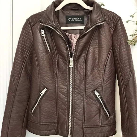 GUESS Vegan Leather Moto Jacket Wine/Burgundy Size M, EUC