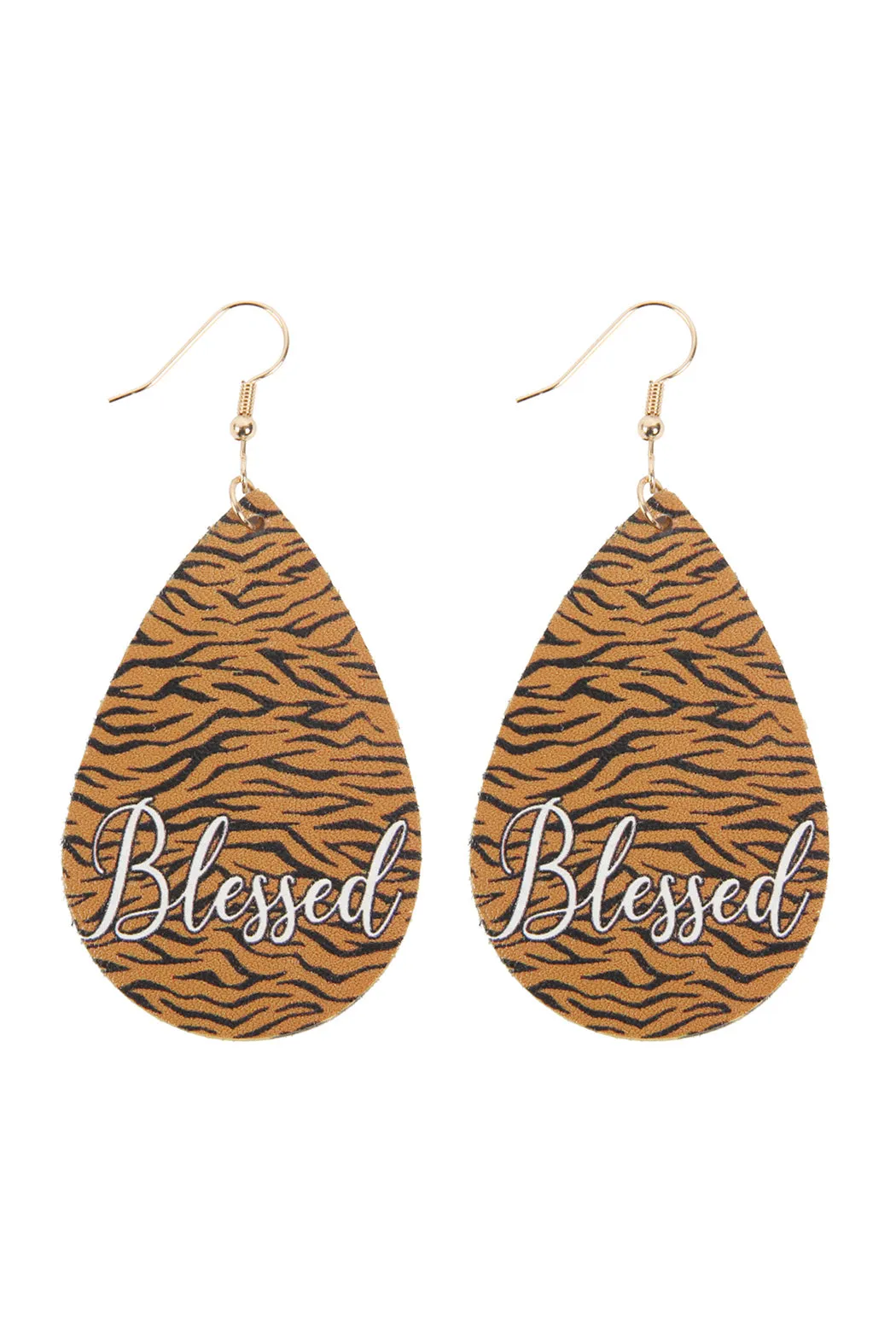 HDE2867 - "BLESSED" ANIMAL PRINT LEATHER FISH HOOK EARRINGS
