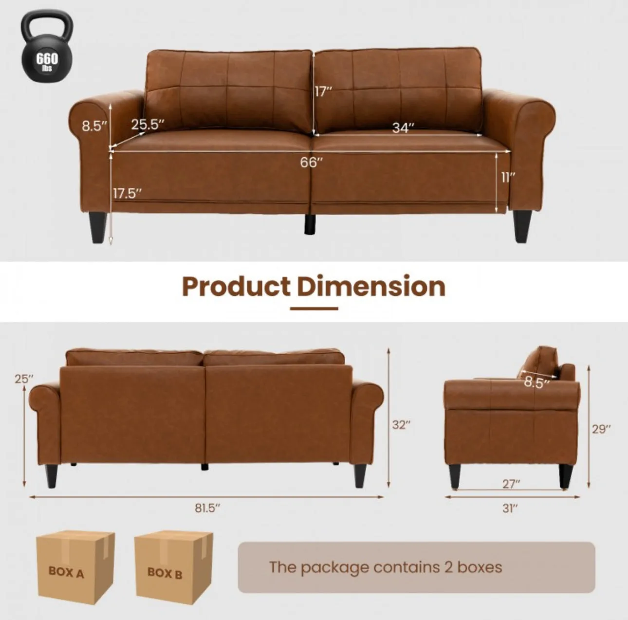 Heavy Duty 3-Person Modern Elegant PU Leather 3-Piece Sofa Couch With 2 Detachable Back Pillows | Gorgeous Armrests | Comfy Backrest | Spacious Seating | Thick Cushions