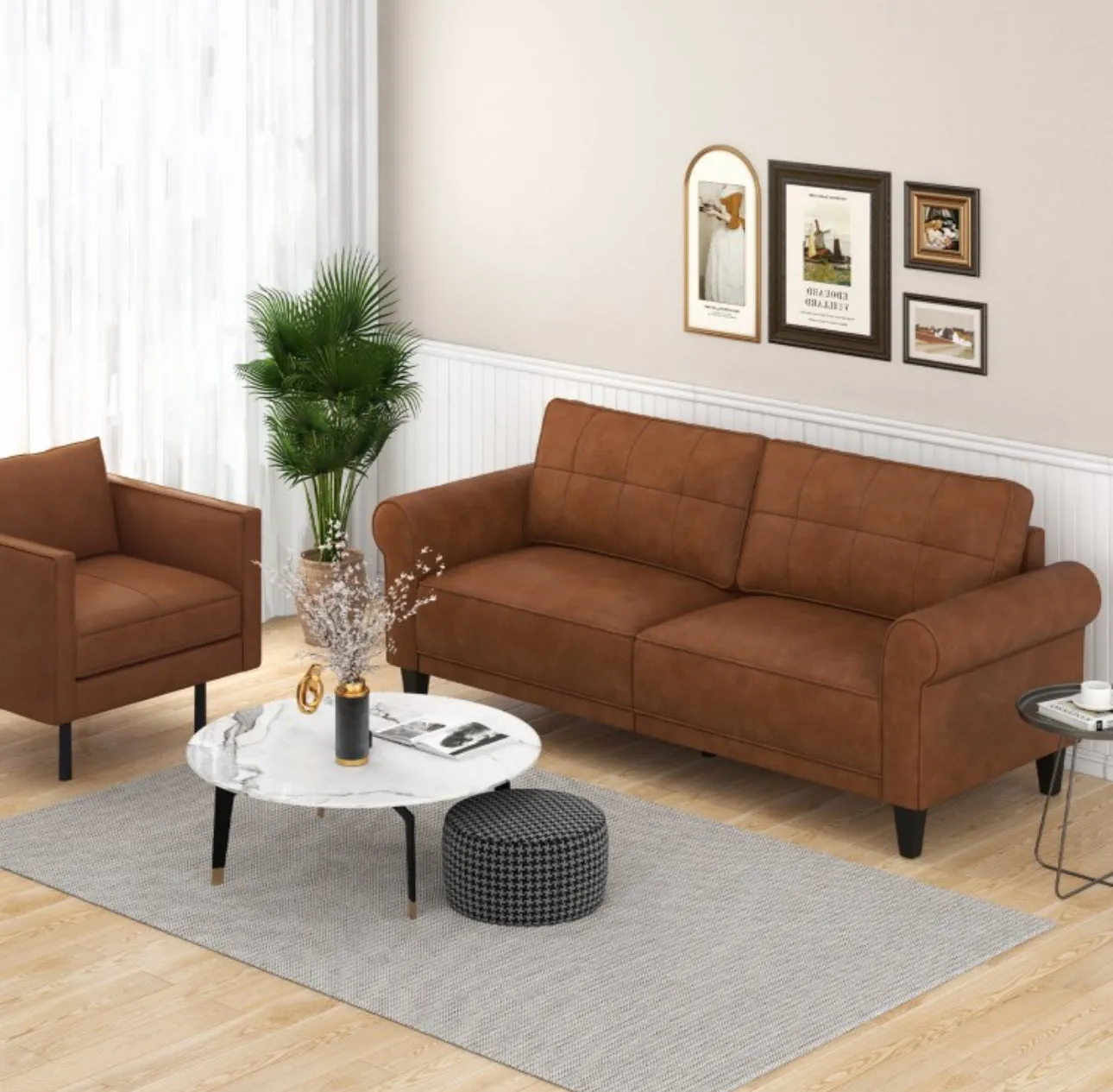 Heavy Duty 3-Person Modern Elegant PU Leather 3-Piece Sofa Couch With 2 Detachable Back Pillows | Gorgeous Armrests | Comfy Backrest | Spacious Seating | Thick Cushions