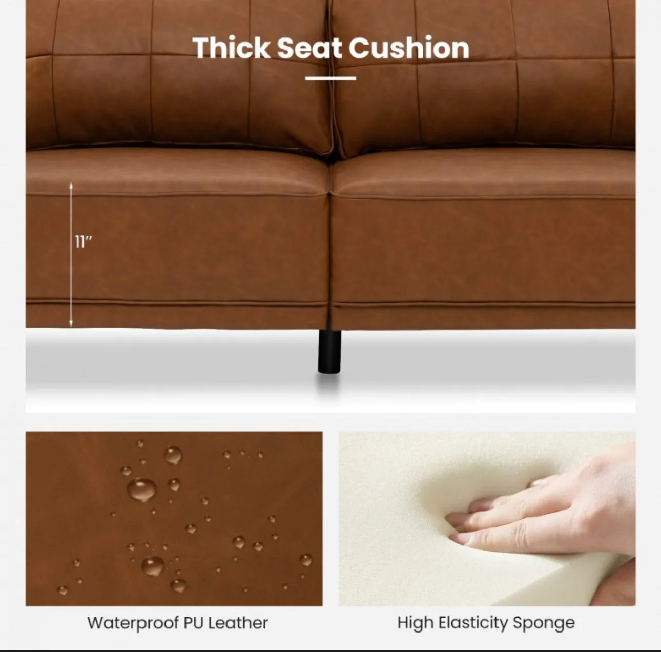 Heavy Duty 3-Person Modern Elegant PU Leather 3-Piece Sofa Couch With 2 Detachable Back Pillows | Gorgeous Armrests | Comfy Backrest | Spacious Seating | Thick Cushions