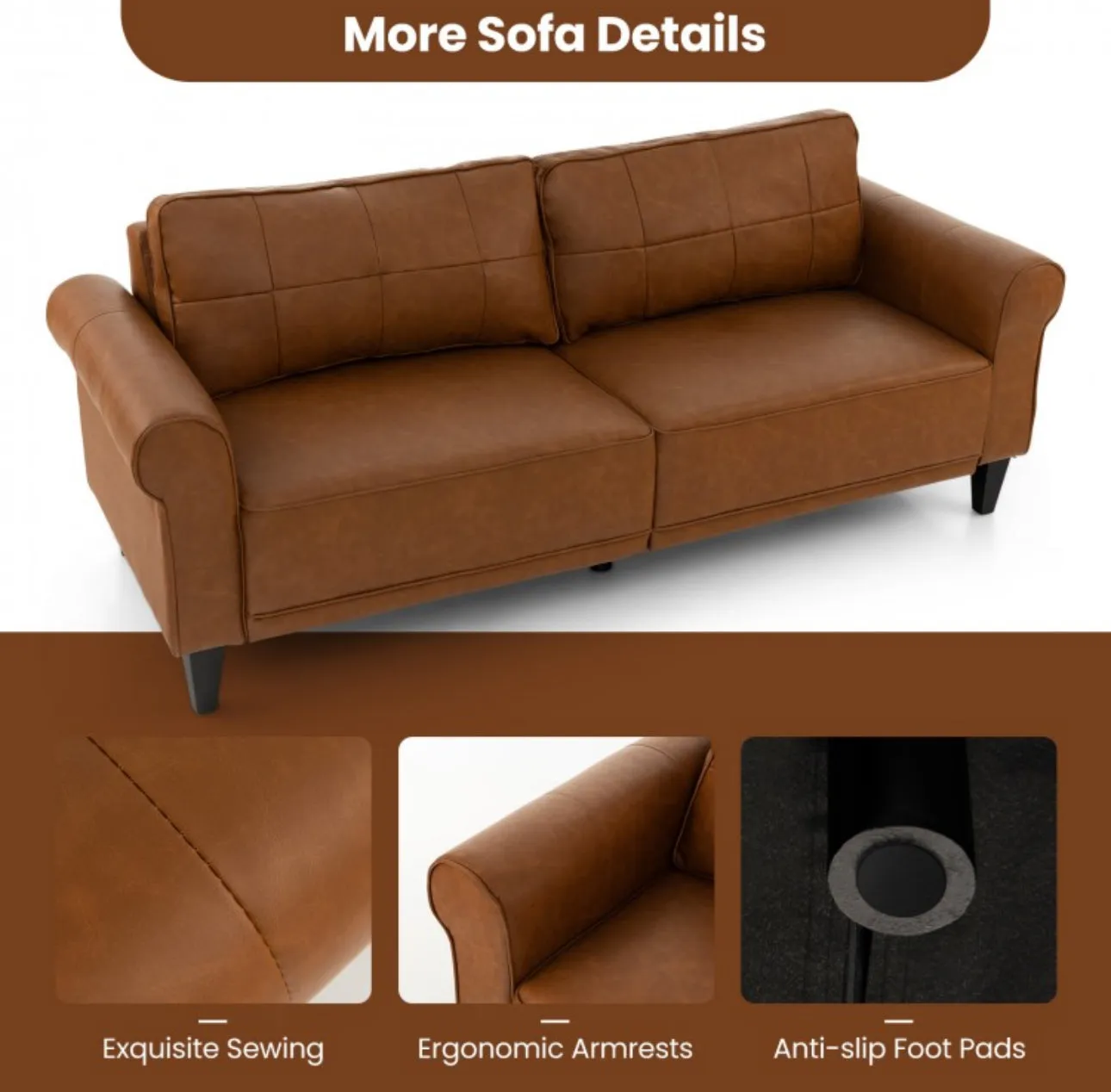 Heavy Duty 3-Person Modern Elegant PU Leather 3-Piece Sofa Couch With 2 Detachable Back Pillows | Gorgeous Armrests | Comfy Backrest | Spacious Seating | Thick Cushions