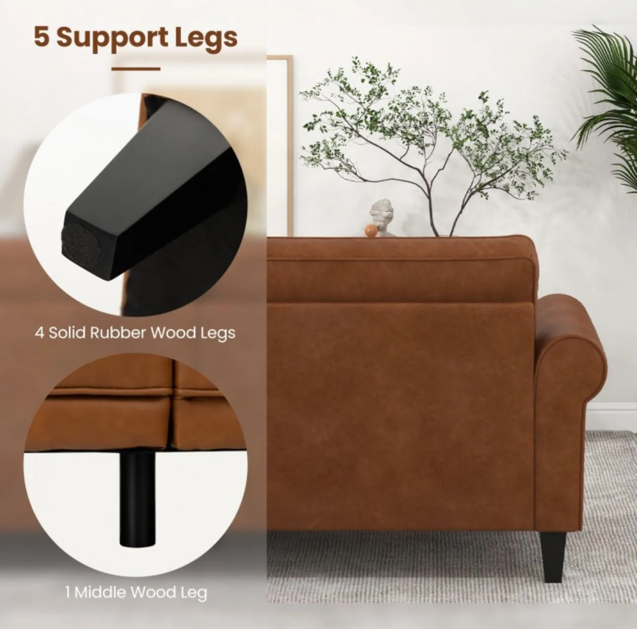 Heavy Duty 3-Person Modern Elegant PU Leather 3-Piece Sofa Couch With 2 Detachable Back Pillows | Gorgeous Armrests | Comfy Backrest | Spacious Seating | Thick Cushions