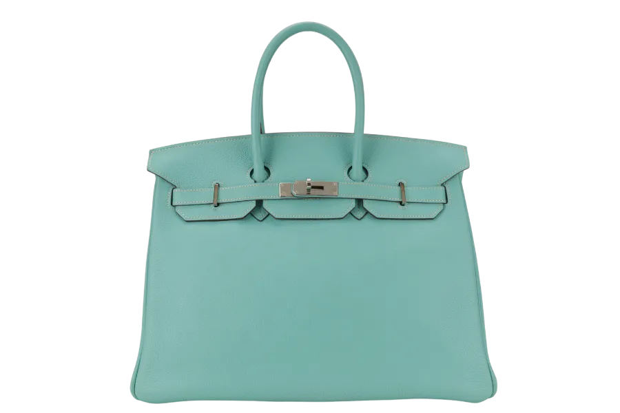 HERMES BIRKIN 35 BLUE AQUA TOGO LEATHER SILVER HARDWARE STAMP M (2009) WITH LOCK&KEYS, RAINCOAT AND DUST COVER