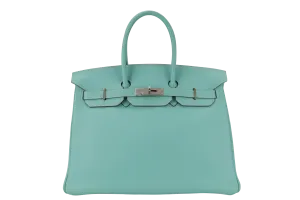 HERMES BIRKIN 35 BLUE AQUA TOGO LEATHER SILVER HARDWARE STAMP M (2009) WITH LOCK&KEYS, RAINCOAT AND DUST COVER