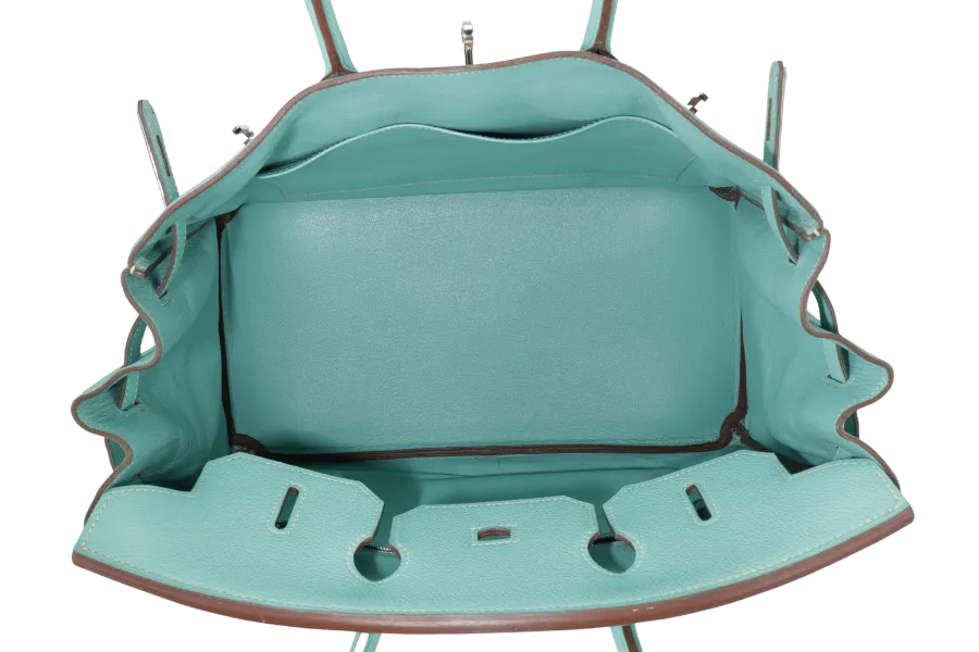 HERMES BIRKIN 35 BLUE AQUA TOGO LEATHER SILVER HARDWARE STAMP M (2009) WITH LOCK&KEYS, RAINCOAT AND DUST COVER