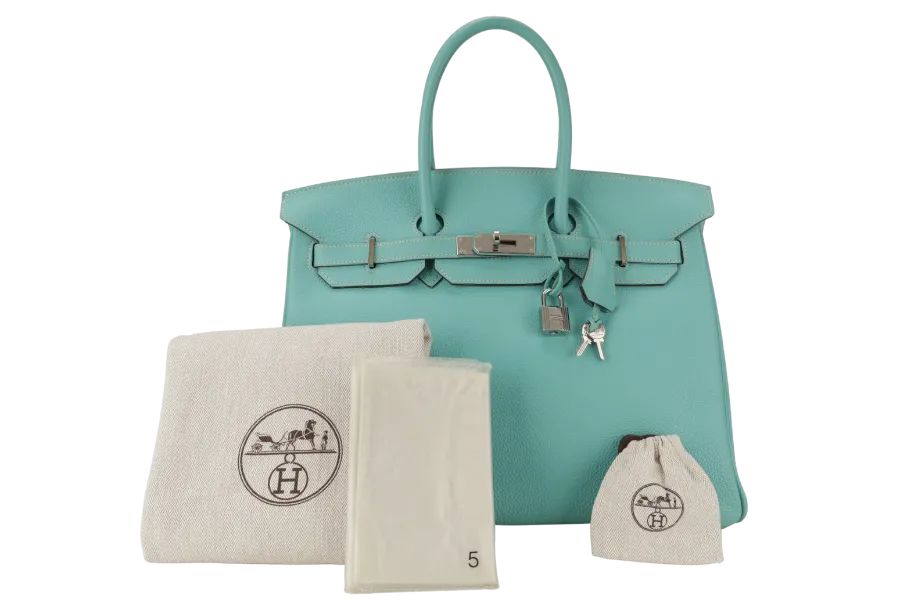 HERMES BIRKIN 35 BLUE AQUA TOGO LEATHER SILVER HARDWARE STAMP M (2009) WITH LOCK&KEYS, RAINCOAT AND DUST COVER