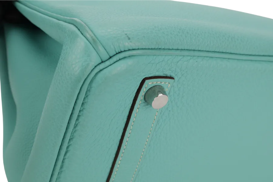 HERMES BIRKIN 35 BLUE AQUA TOGO LEATHER SILVER HARDWARE STAMP M (2009) WITH LOCK&KEYS, RAINCOAT AND DUST COVER
