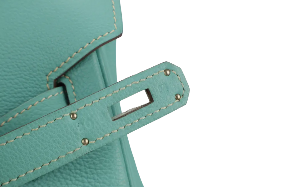 HERMES BIRKIN 35 BLUE AQUA TOGO LEATHER SILVER HARDWARE STAMP M (2009) WITH LOCK&KEYS, RAINCOAT AND DUST COVER