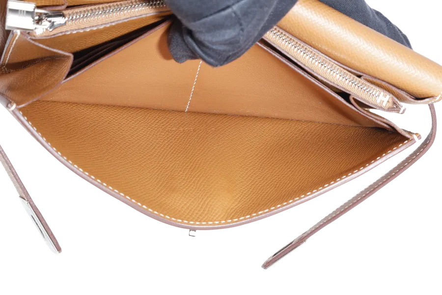 HERMES KELLY WALLET GOLD EPSOM LEATHER SILVER HARDWARE STAMP D (YEAR 2019) NO DUST COVER WITH BOX
