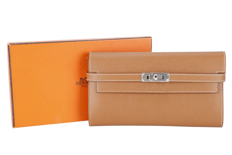 HERMES KELLY WALLET GOLD EPSOM LEATHER SILVER HARDWARE STAMP D (YEAR 2019) NO DUST COVER WITH BOX