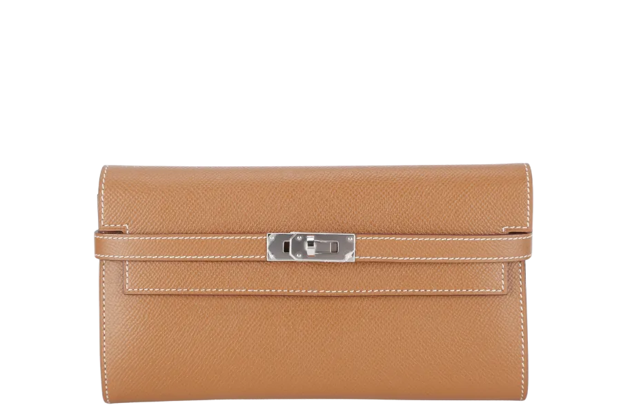 HERMES KELLY WALLET GOLD EPSOM LEATHER SILVER HARDWARE STAMP D (YEAR 2019) NO DUST COVER WITH BOX