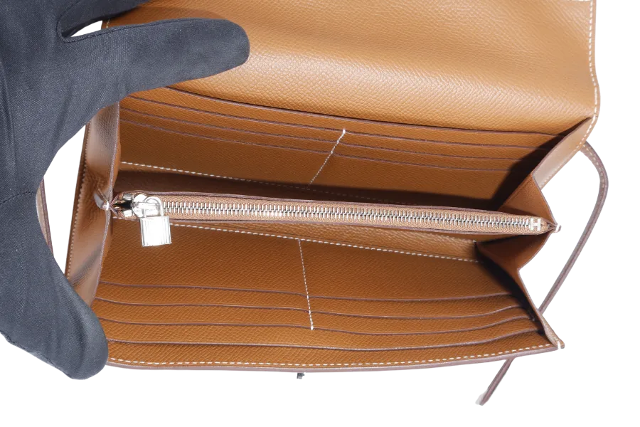 HERMES KELLY WALLET GOLD EPSOM LEATHER SILVER HARDWARE STAMP D (YEAR 2019) NO DUST COVER WITH BOX