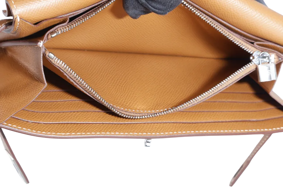 HERMES KELLY WALLET GOLD EPSOM LEATHER SILVER HARDWARE STAMP D (YEAR 2019) NO DUST COVER WITH BOX