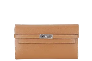 HERMES KELLY WALLET GOLD EPSOM LEATHER SILVER HARDWARE STAMP D (YEAR 2019) NO DUST COVER WITH BOX