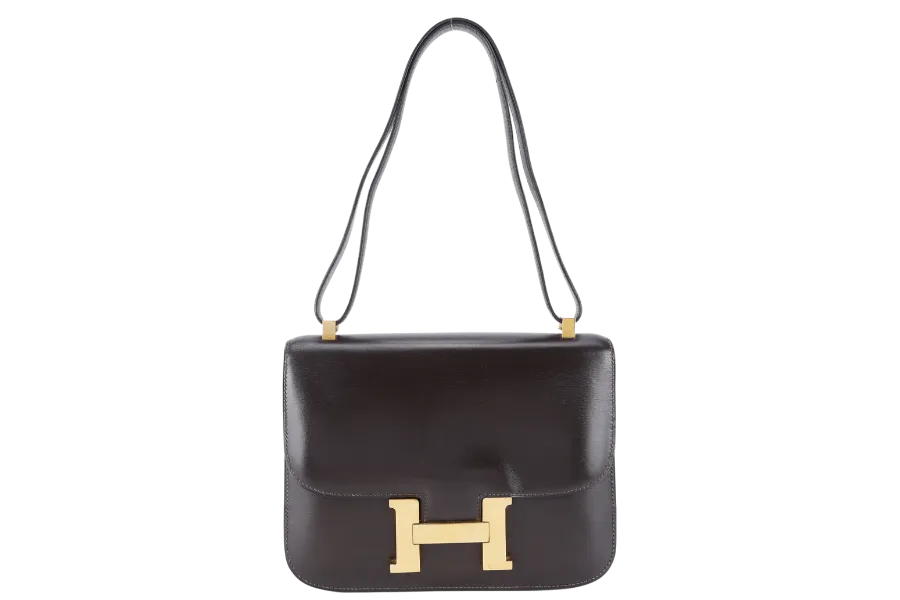 HERMES VINTAGE CONSTANCE 23 DARK BROWN BOX LEATHER GOLD HARDWARE STAMP Z (1970) WITH DUST COVER