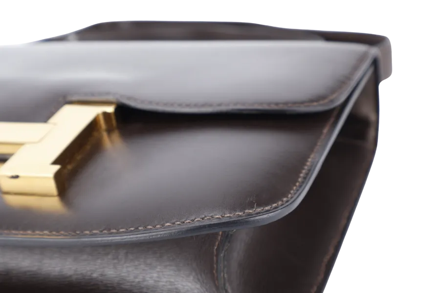 HERMES VINTAGE CONSTANCE 23 DARK BROWN BOX LEATHER GOLD HARDWARE STAMP Z (1970) WITH DUST COVER