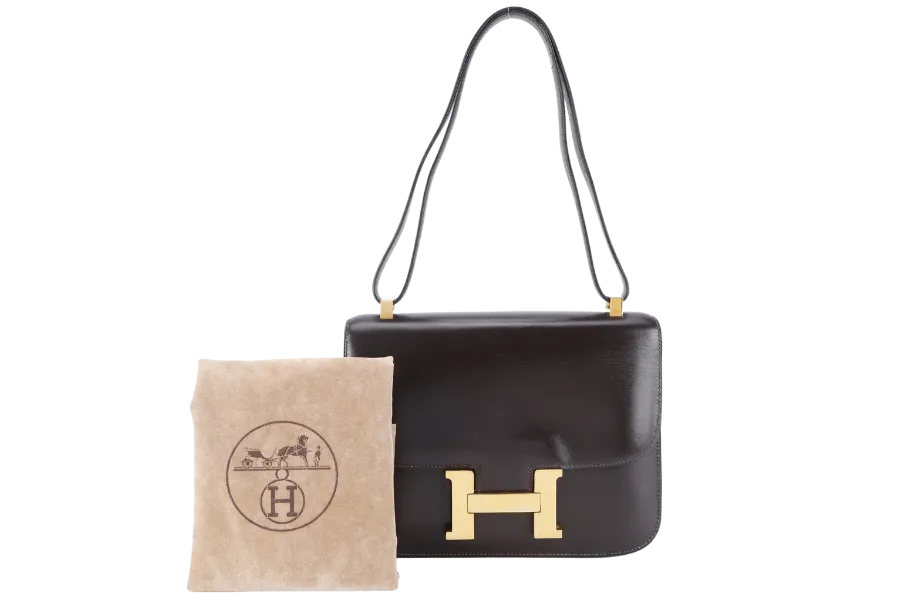 HERMES VINTAGE CONSTANCE 23 DARK BROWN BOX LEATHER GOLD HARDWARE STAMP Z (1970) WITH DUST COVER