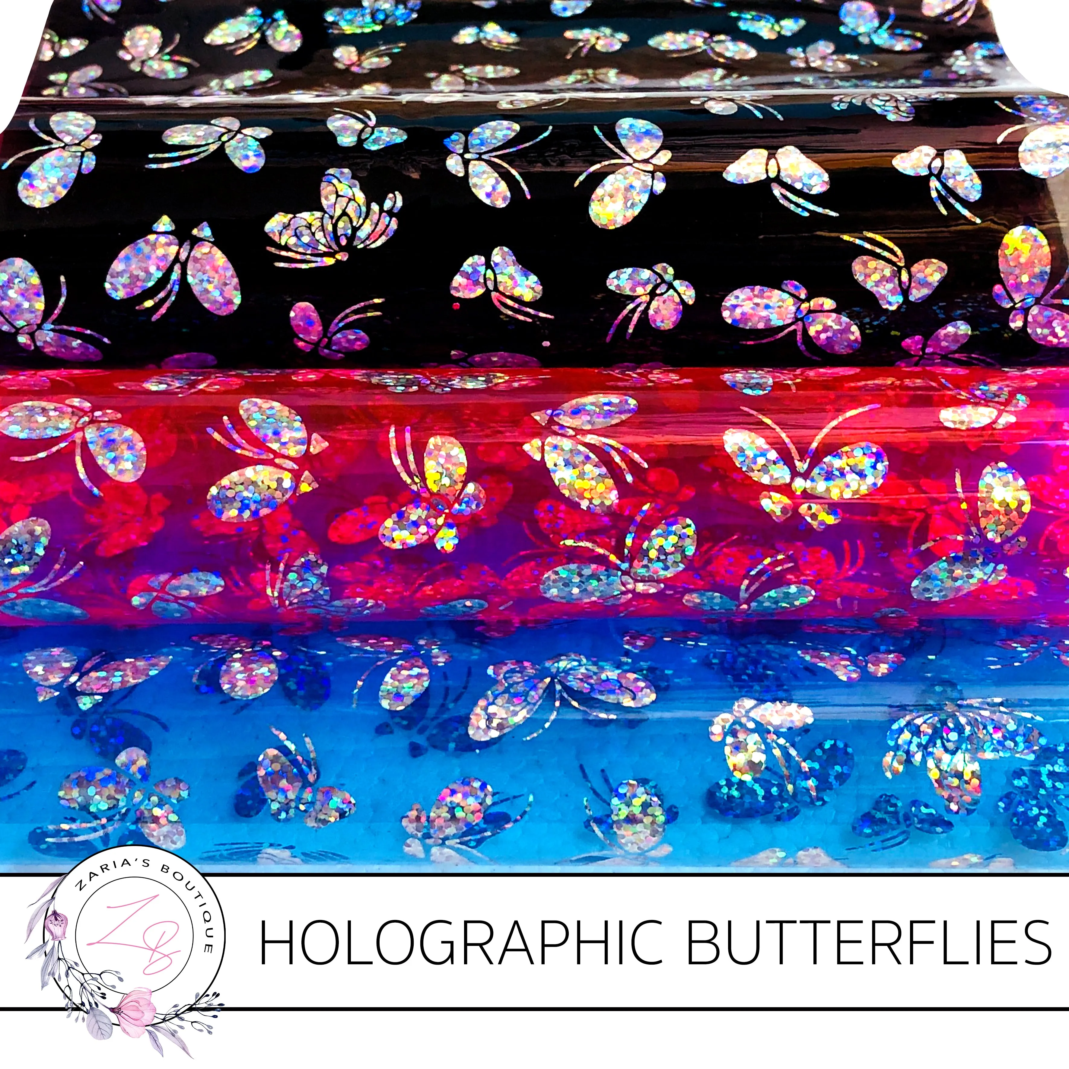 Holographic Silver Butterfly on Transparent Pink ~ Blue or Black PU