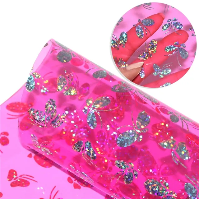 Holographic Silver Butterfly on Transparent Pink ~ Blue or Black PU