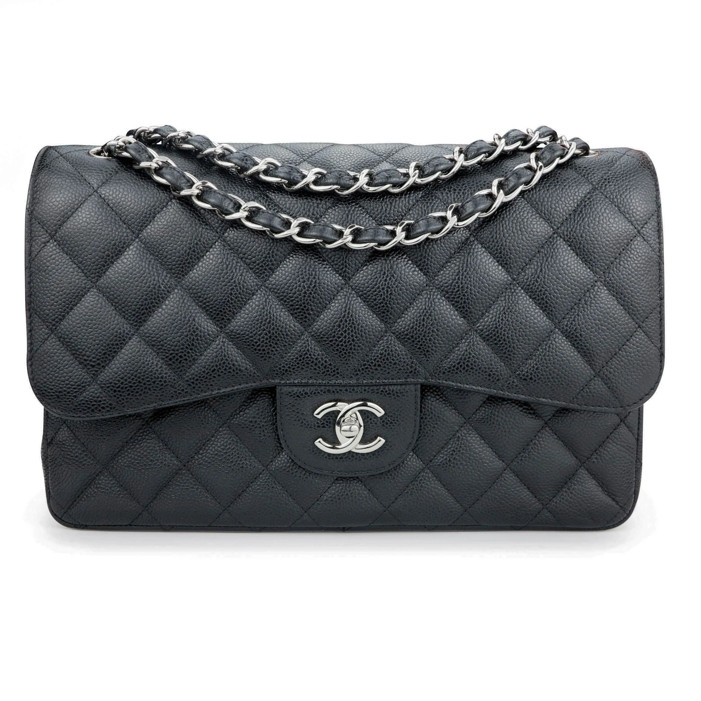 Jumbo Classic Double Flap Bag in Black Caviar