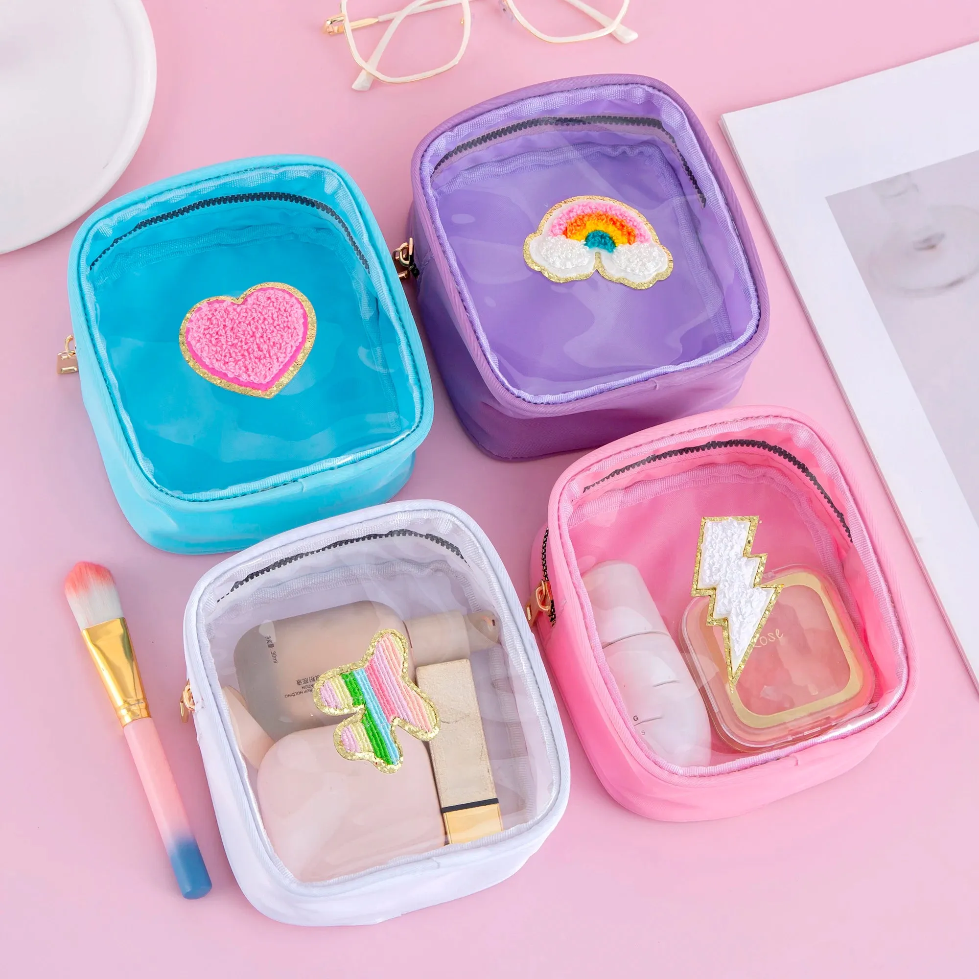 Kawaii Mini Clear PVC Makeup Pouch 🎀✨ - Adorable Waterproof Chenille Heart & Rainbow Travel Bag! 🌈✈️