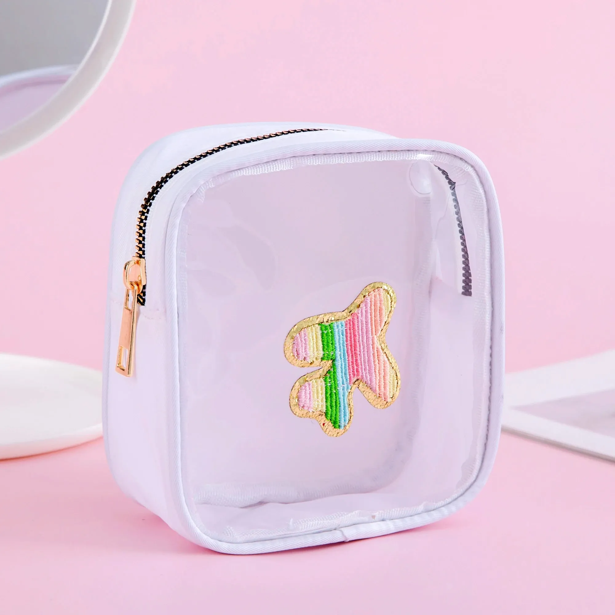 Kawaii Mini Clear PVC Makeup Pouch 🎀✨ - Adorable Waterproof Chenille Heart & Rainbow Travel Bag! 🌈✈️