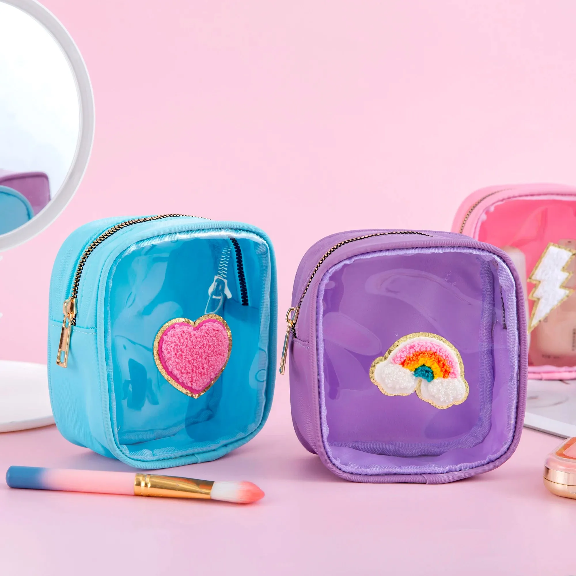Kawaii Mini Clear PVC Makeup Pouch 🎀✨ - Adorable Waterproof Chenille Heart & Rainbow Travel Bag! 🌈✈️