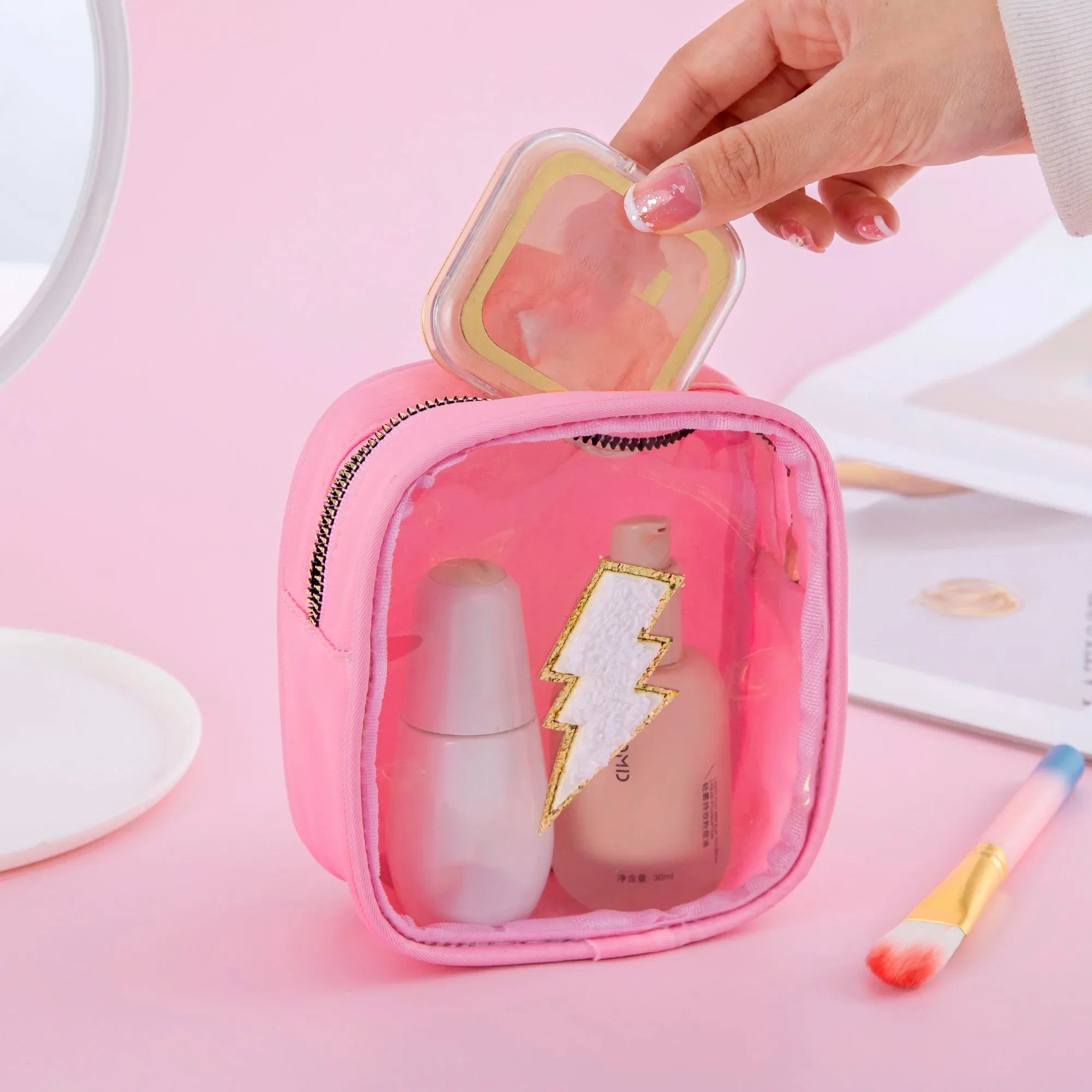Kawaii Mini Clear PVC Makeup Pouch 🎀✨ - Adorable Waterproof Chenille Heart & Rainbow Travel Bag! 🌈✈️