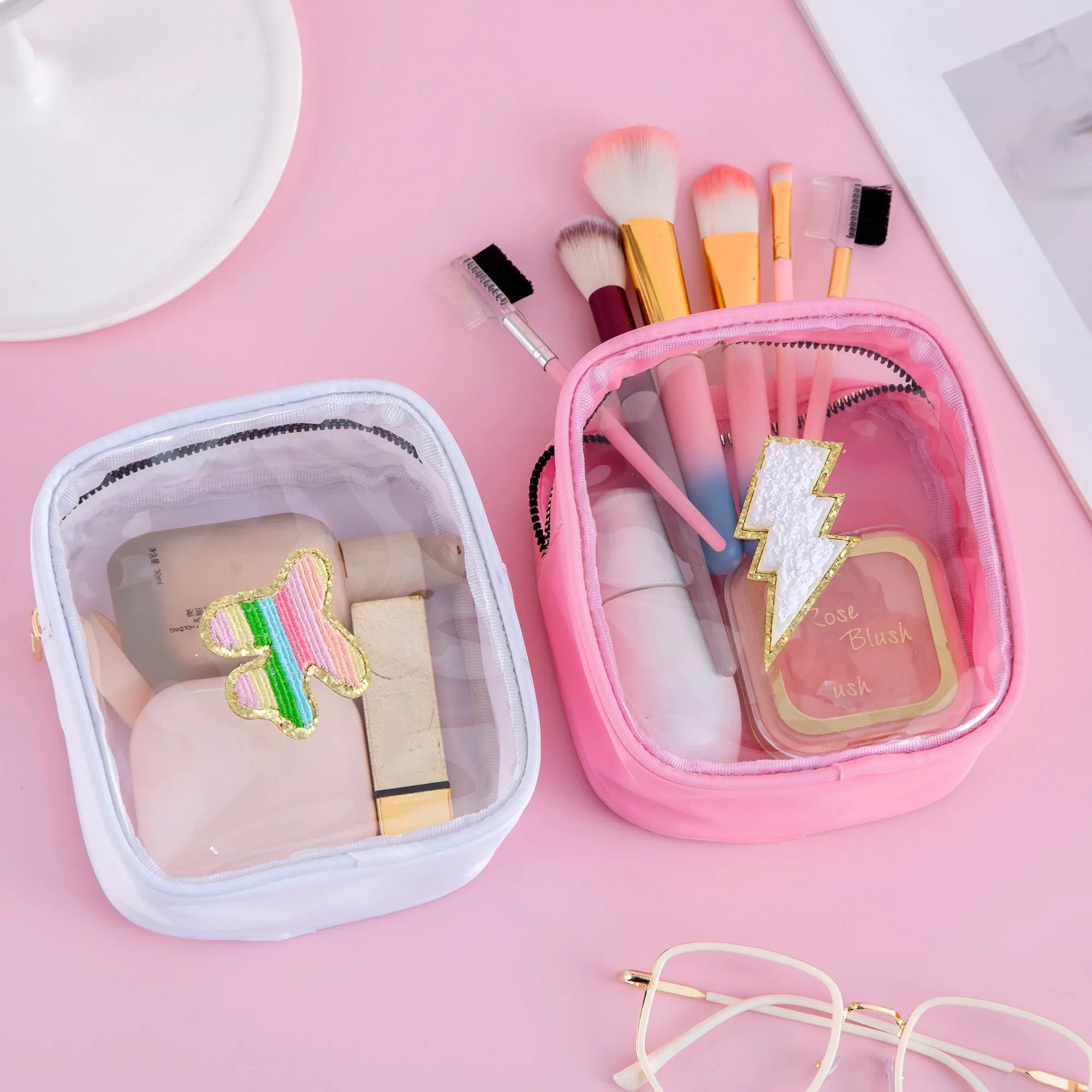 Kawaii Mini Clear PVC Makeup Pouch 🎀✨ - Adorable Waterproof Chenille Heart & Rainbow Travel Bag! 🌈✈️