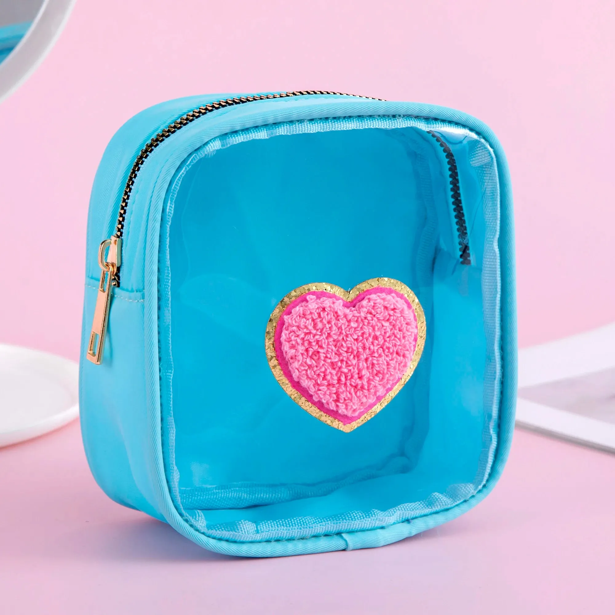 Kawaii Mini Clear PVC Makeup Pouch 🎀✨ - Adorable Waterproof Chenille Heart & Rainbow Travel Bag! 🌈✈️