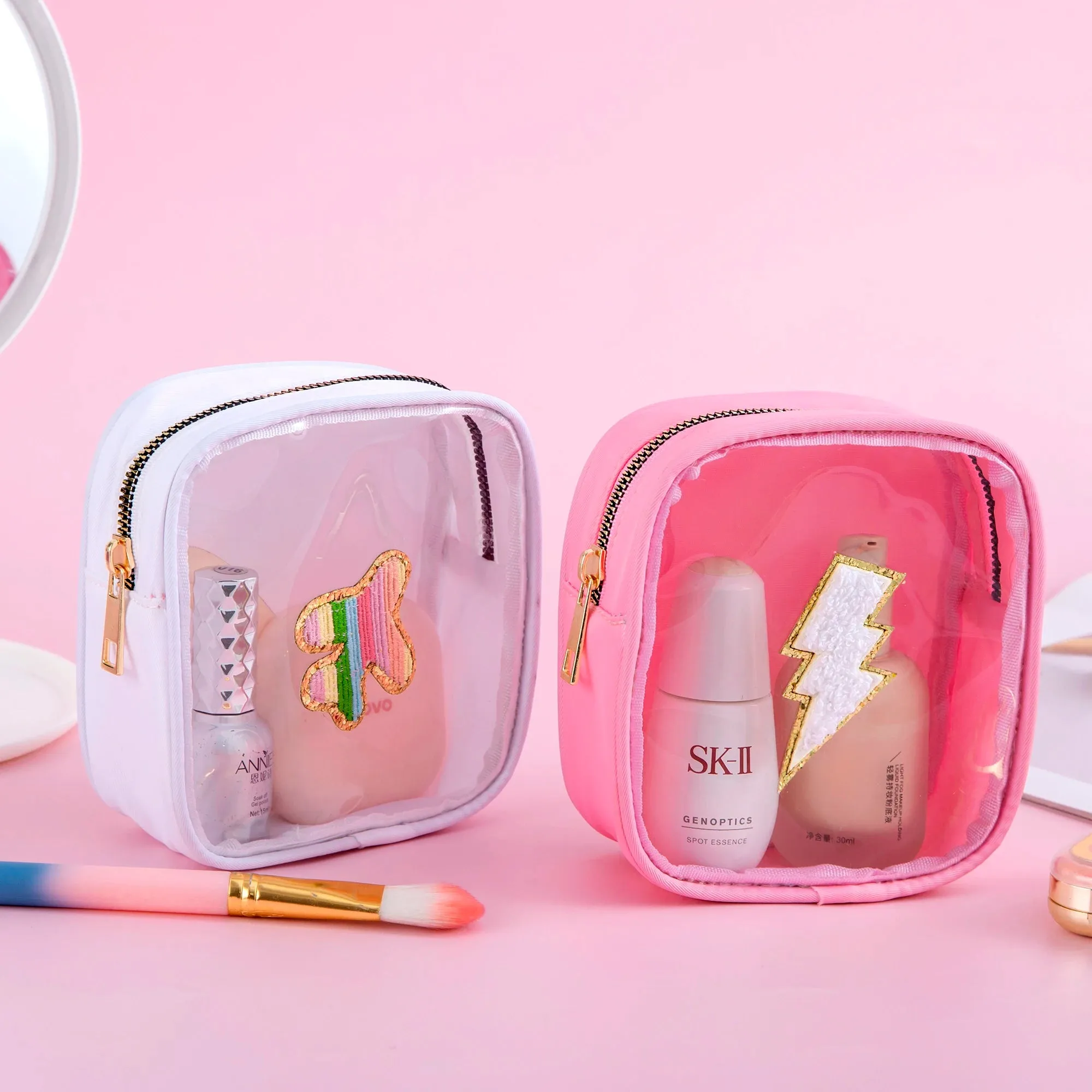 Kawaii Mini Clear PVC Makeup Pouch 🎀✨ - Adorable Waterproof Chenille Heart & Rainbow Travel Bag! 🌈✈️