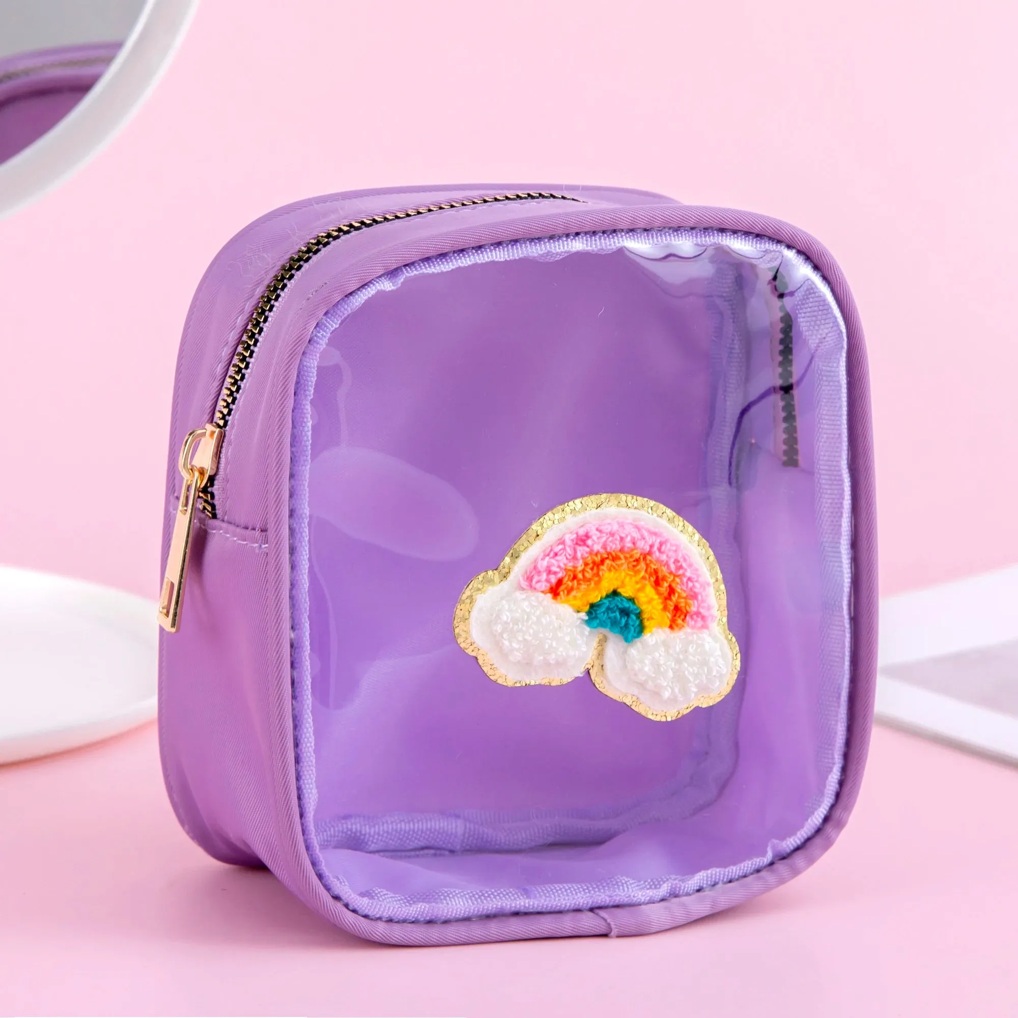 Kawaii Mini Clear PVC Makeup Pouch 🎀✨ - Adorable Waterproof Chenille Heart & Rainbow Travel Bag! 🌈✈️